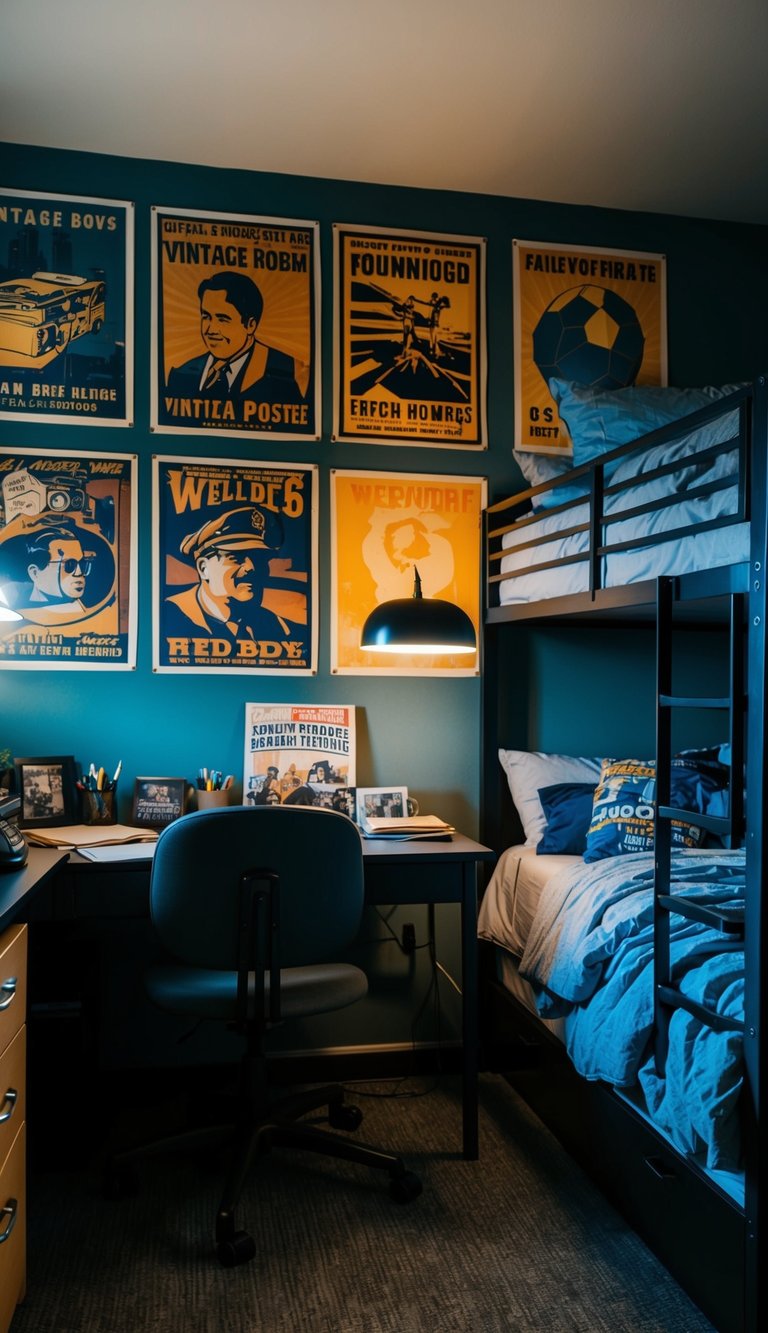 A cozy boys dorm room with vintage posters adorning the walls, a cluttered desk, and a bunk bed with rumpled bedding