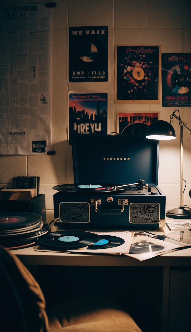 A record player sits on a cluttered desk in a dimly lit dorm room, surrounded by posters and scattered vinyl records