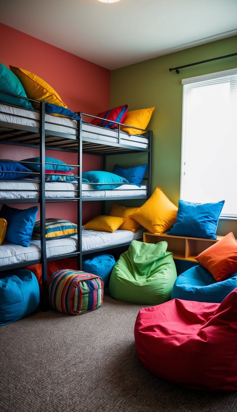 Colorful throw pillows scattered on bunk beds and bean bag chairs in a lively boys' dorm room