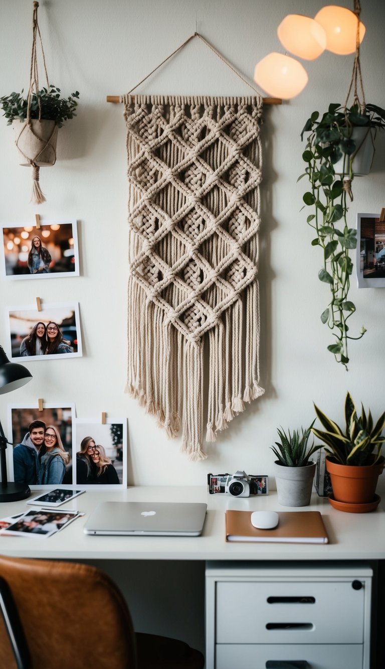 A macrame wall hanging hangs above a cozy dorm room desk, surrounded by photos and plants