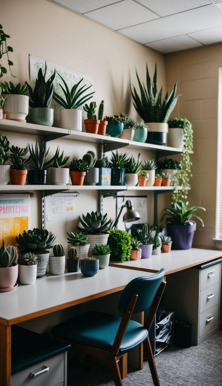 A cozy dorm room filled with various succulent plants arranged on shelves and desks, adding a touch of greenery to the space