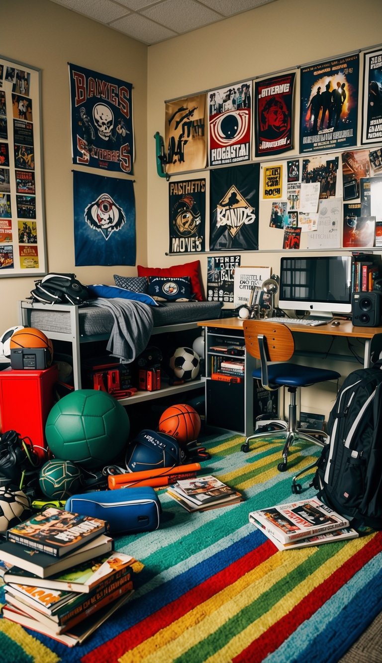 A cozy dorm room with a colorful area rug, scattered with sports equipment, books, and posters of favorite bands and movies