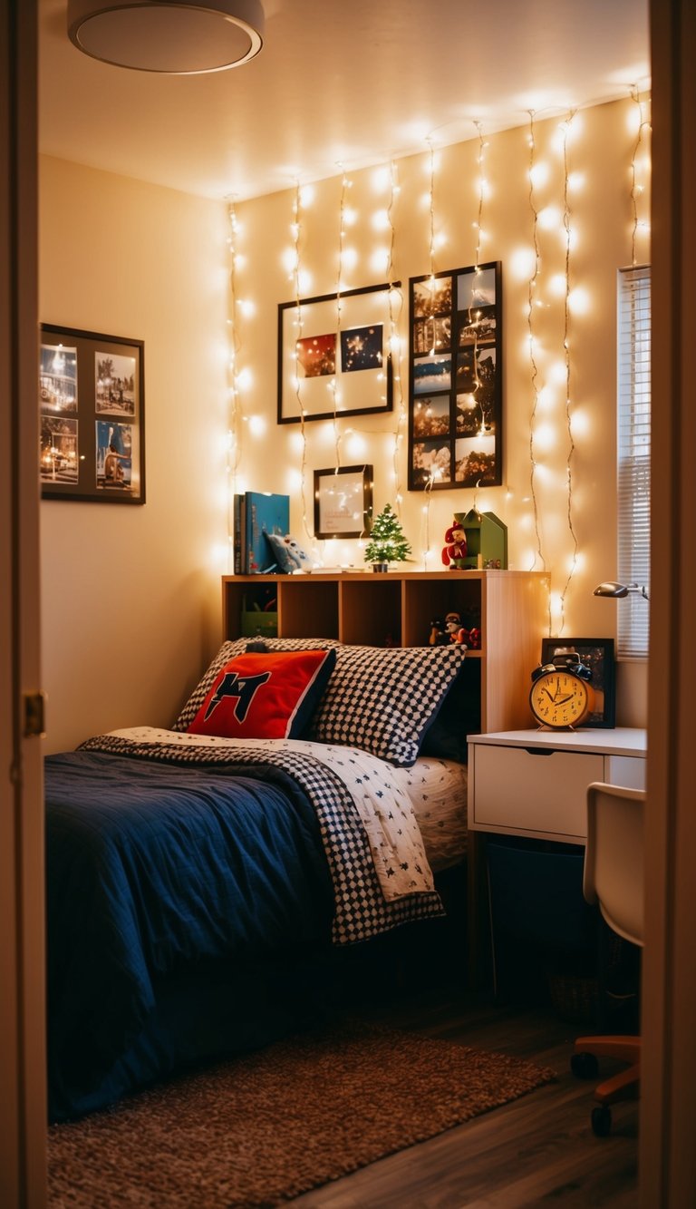 A cozy boys' dorm room adorned with twinkling fairy lights, creating a warm and inviting atmosphere
