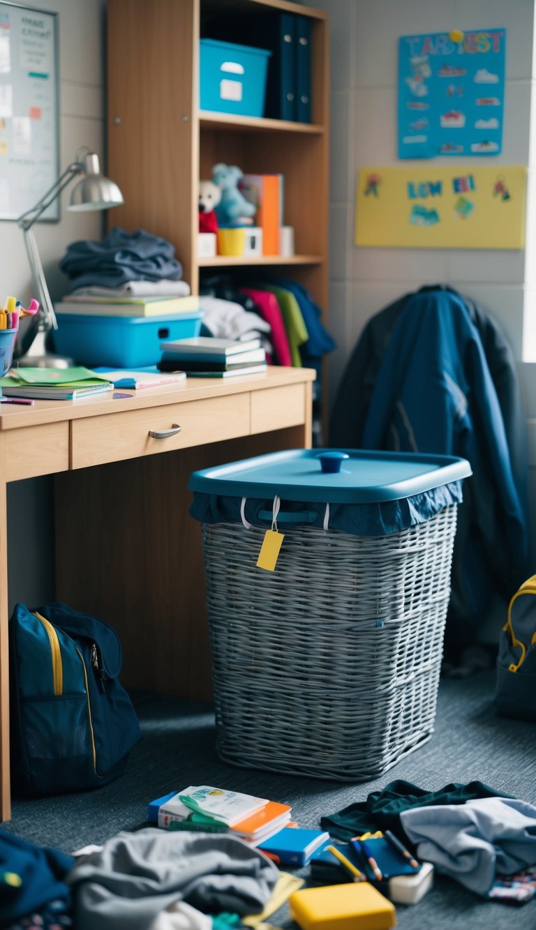 A laundry basket with a lid sits next to a cluttered desk in a boys' dorm room, surrounded by scattered clothes and school supplies