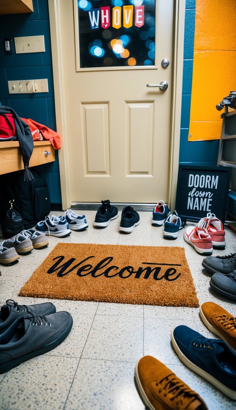 A doormat with a custom design sits outside a dorm room door, surrounded by scattered pairs of shoes and a welcome sign