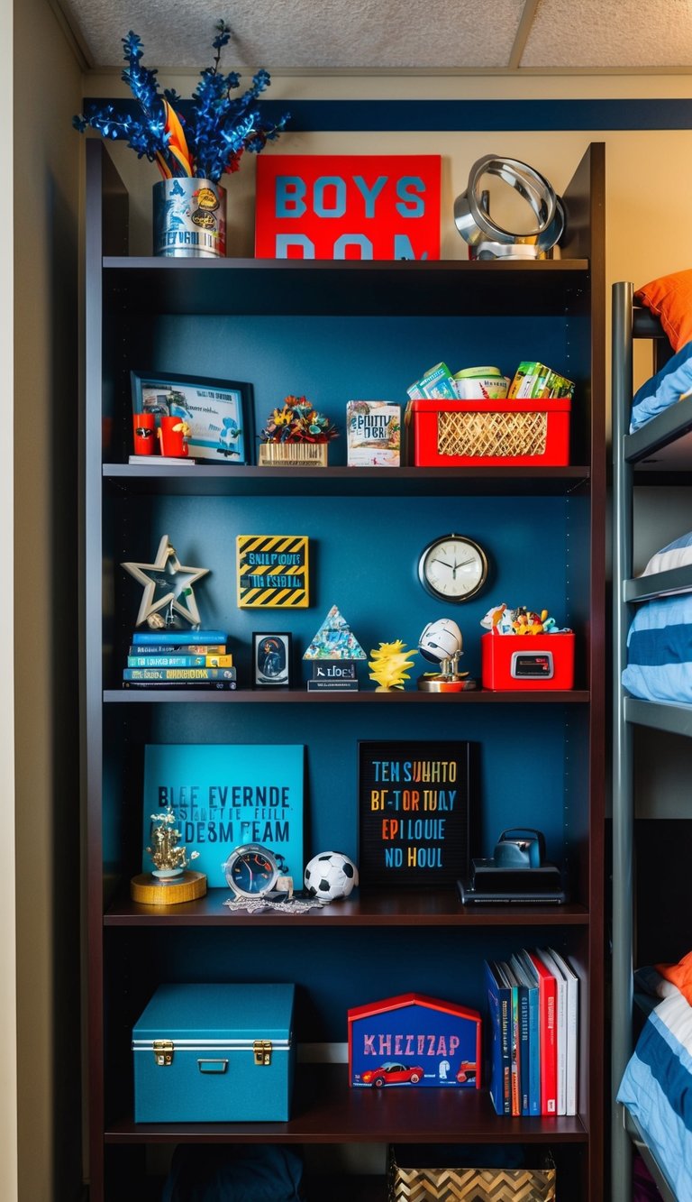 A multi-tiered shelving unit filled with various items and decor for a boys' dorm room
