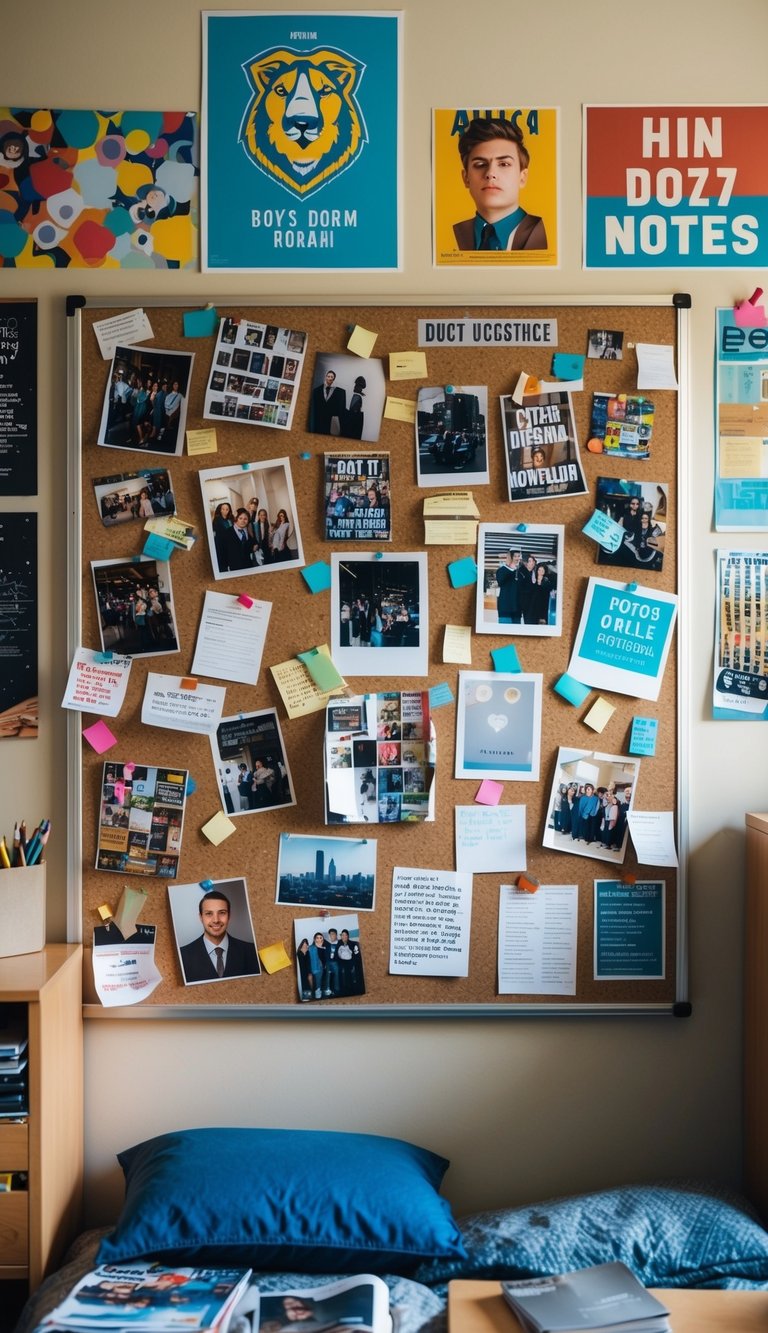 A cluttered bulletin board filled with photos, magazine cutouts, and notes, surrounded by posters and artwork in a boys' dorm room