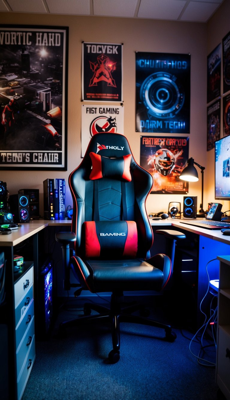 A gaming chair sits in a cluttered boys' dorm room, surrounded by posters and tech gadgets