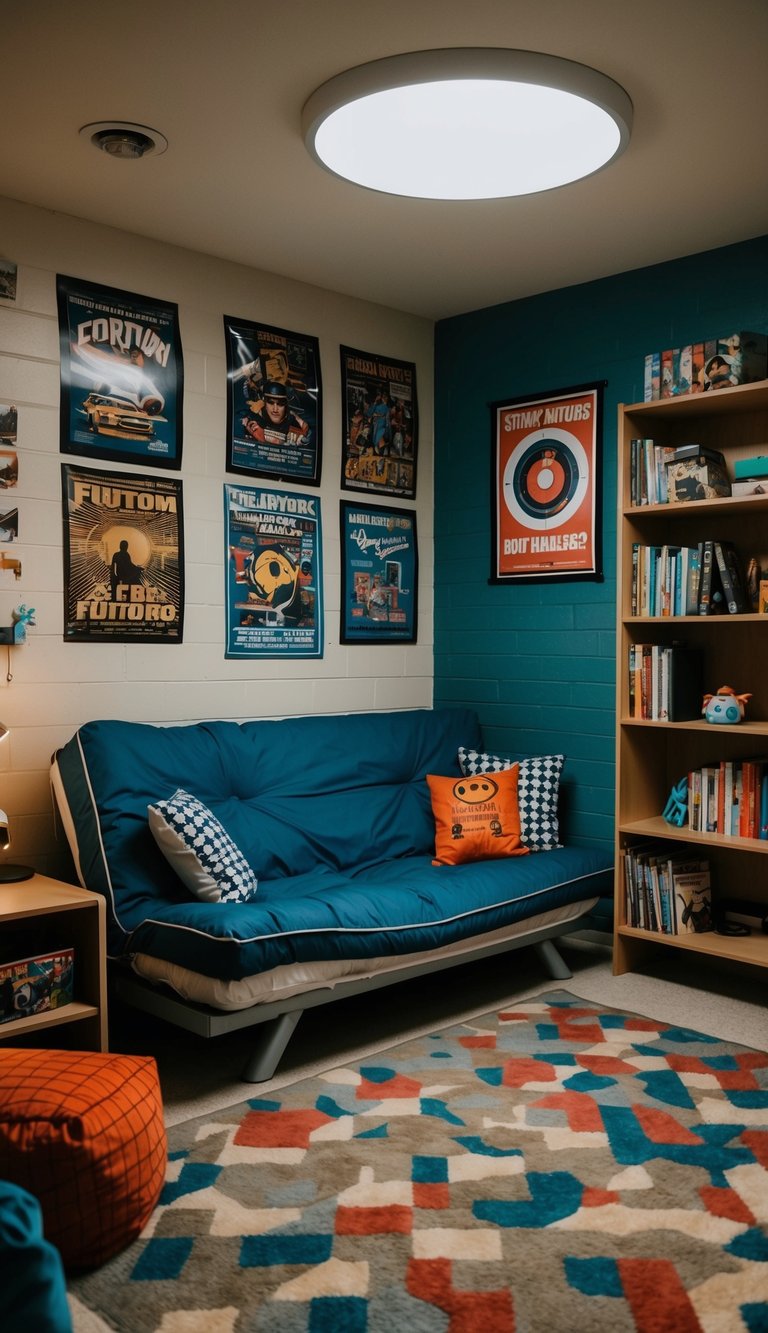 A cozy futon bed surrounded by posters and shelves in a cluttered boys' dorm room