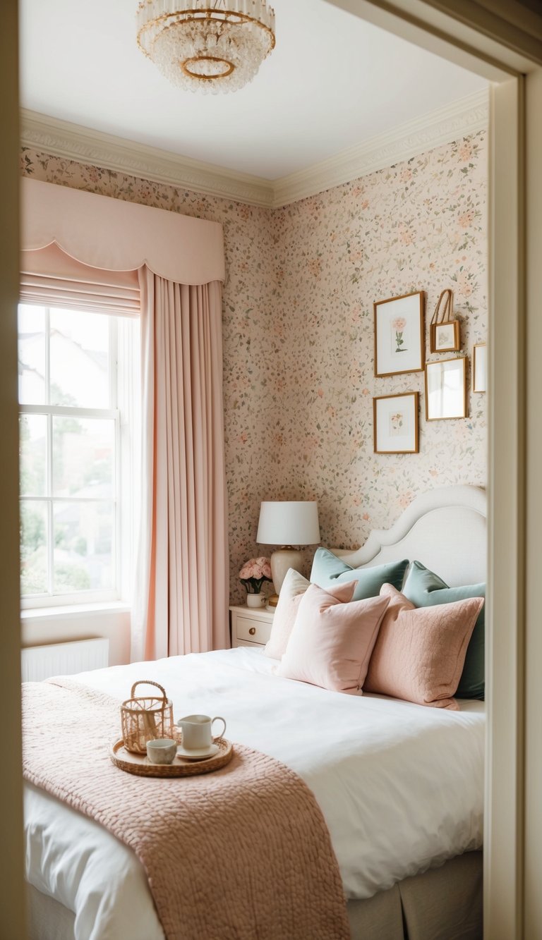 A cozy bedroom with floral-patterned wallpaper, soft pastel colors, and delicate decor