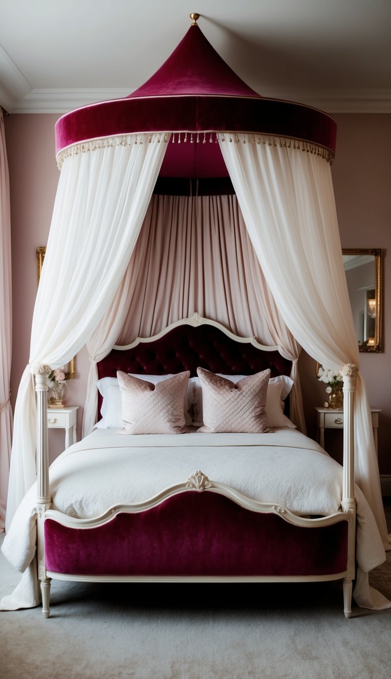 A velvet canopy bed in a feminine bedroom, adorned with soft pillows and draped with delicate fabrics
