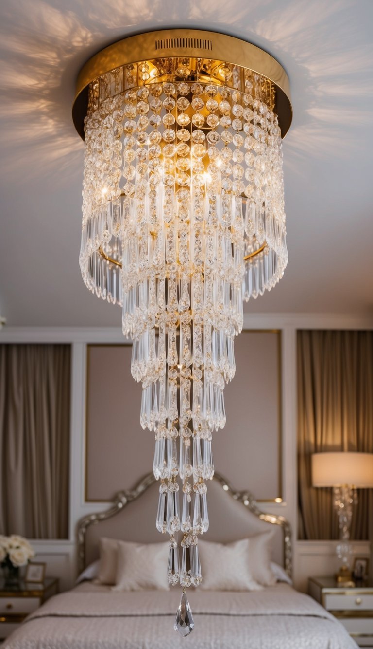 A chandelier with crystal droplets hangs above a luxurious and feminine bedroom, casting a shimmering and elegant glow over the space