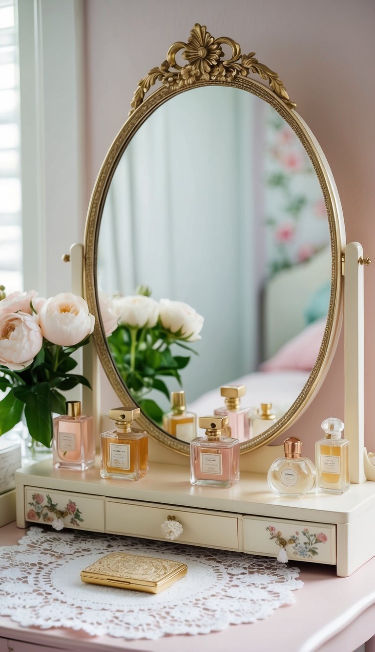 A vintage vanity table with a lace doily, perfume bottles, and a floral mirror in a feminine bedroom