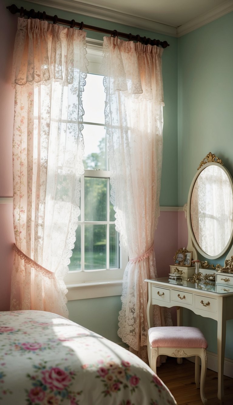 Sunlight filters through frilly lace curtains, casting delicate patterns on pastel walls and floral bedding. A vanity table adorned with dainty trinkets completes the feminine bedroom