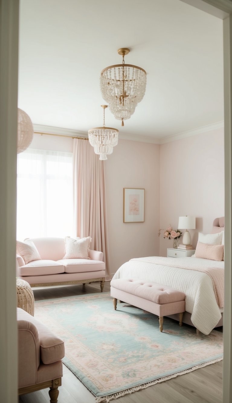 A pastel-hued area rug anchors a serene, feminine bedroom with soft, delicate decor and cozy furnishings