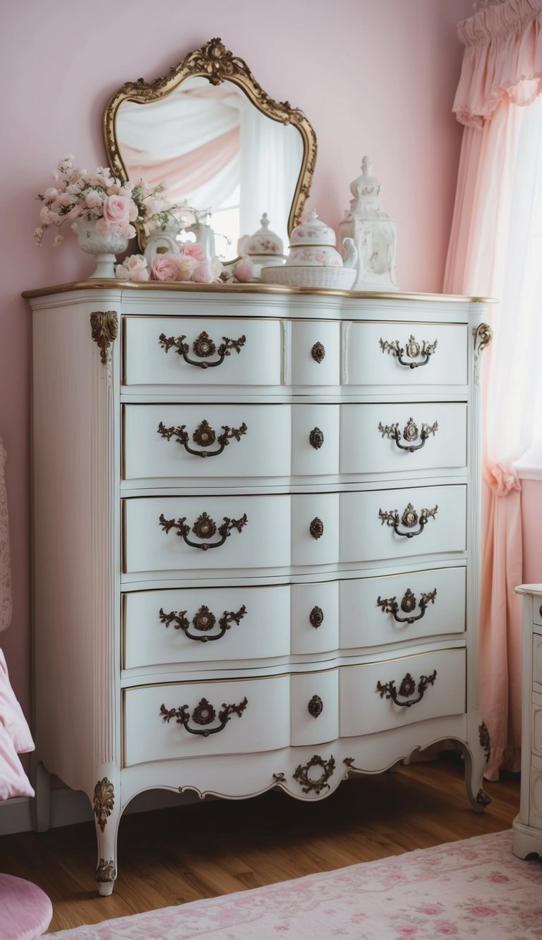 An antique dresser with ornate handles sits in a feminine bedroom, surrounded by soft pastel colors and delicate decor