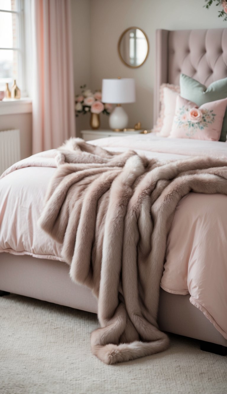 A cozy, feminine bedroom with a faux fur throw blanket draped over a plush bed, soft pastel colors, and delicate floral accents