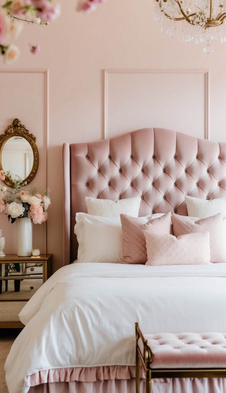 A tufted headboard in a feminine bedroom with soft pastel colors and delicate decor