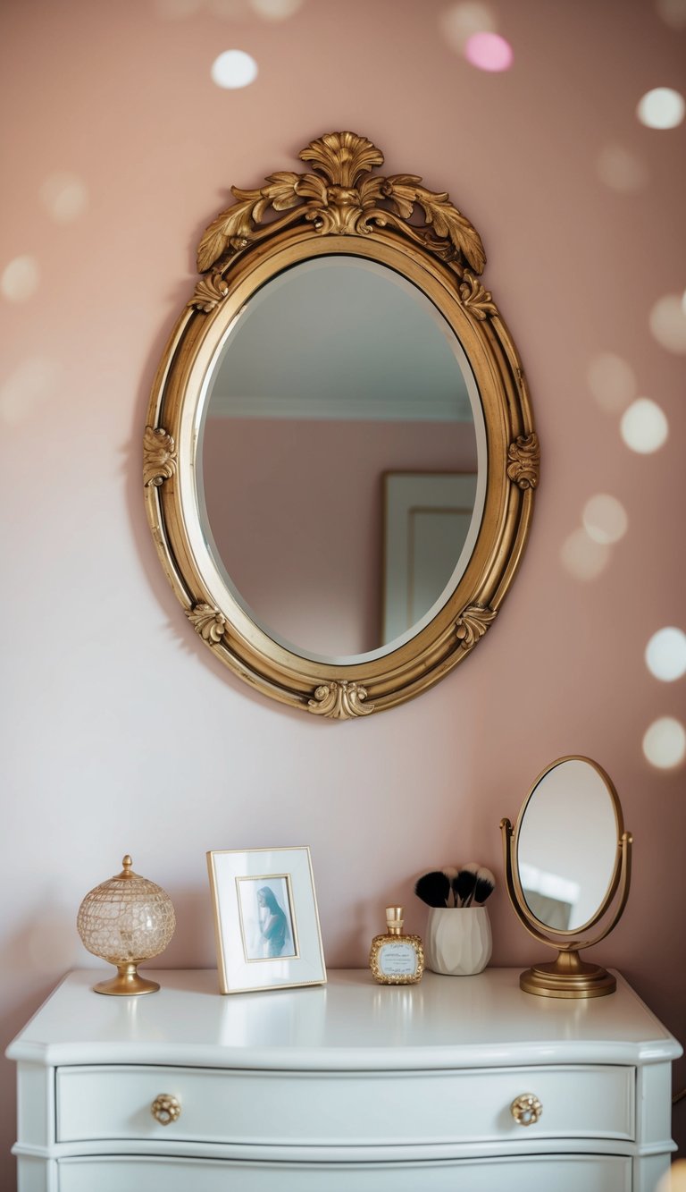 A decorative mirror with a gilded frame hangs above a feminine bedroom vanity