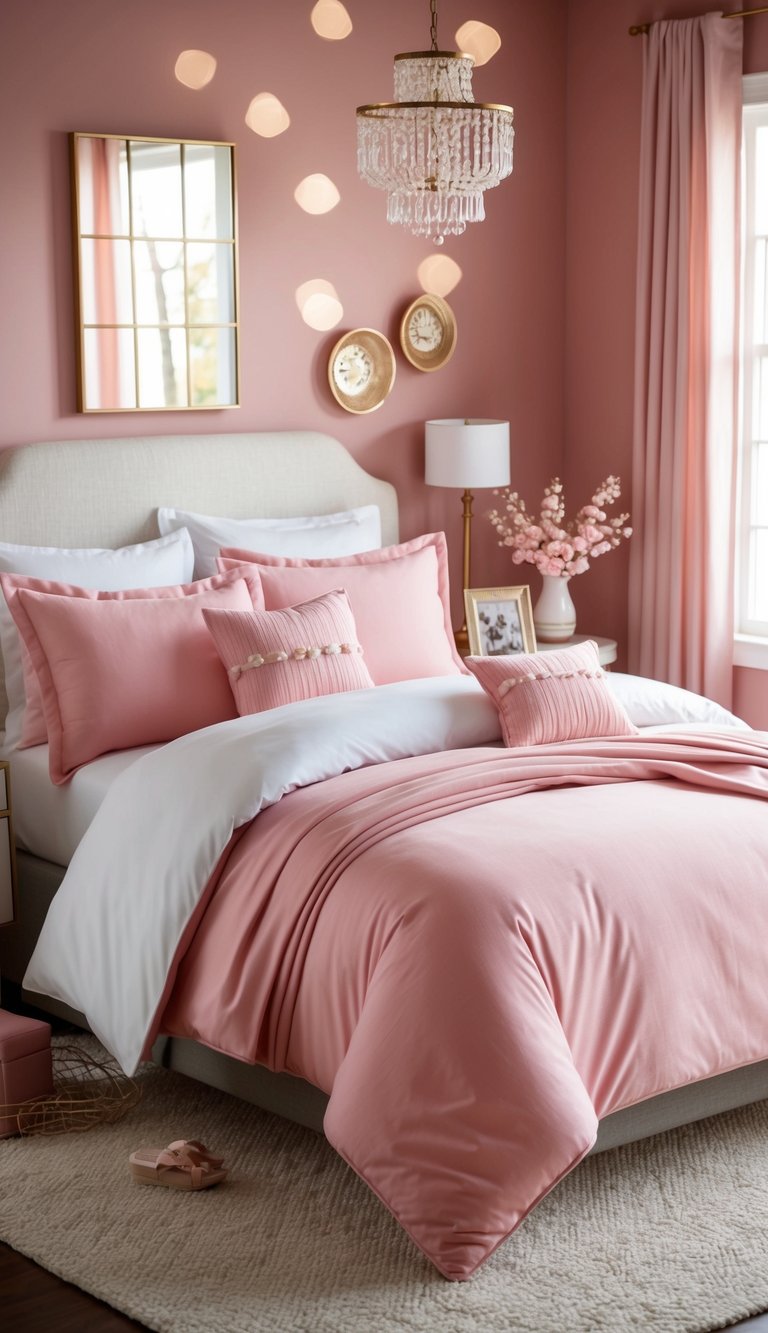 A soft pink bedding set adorns a cozy bedroom with feminine decor