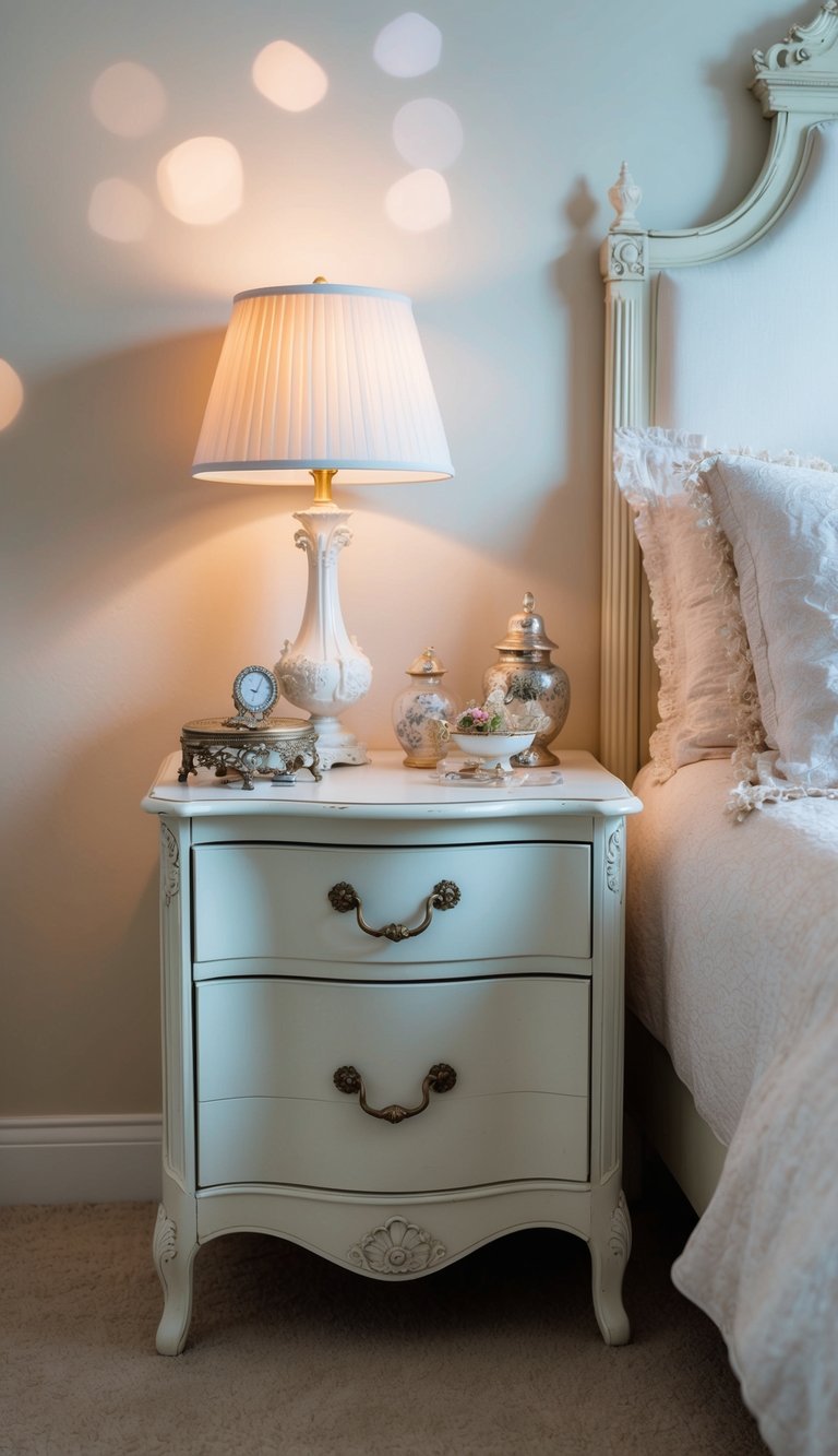 A shabby chic nightstand adorned with delicate trinkets sits in a softly lit, feminine bedroom