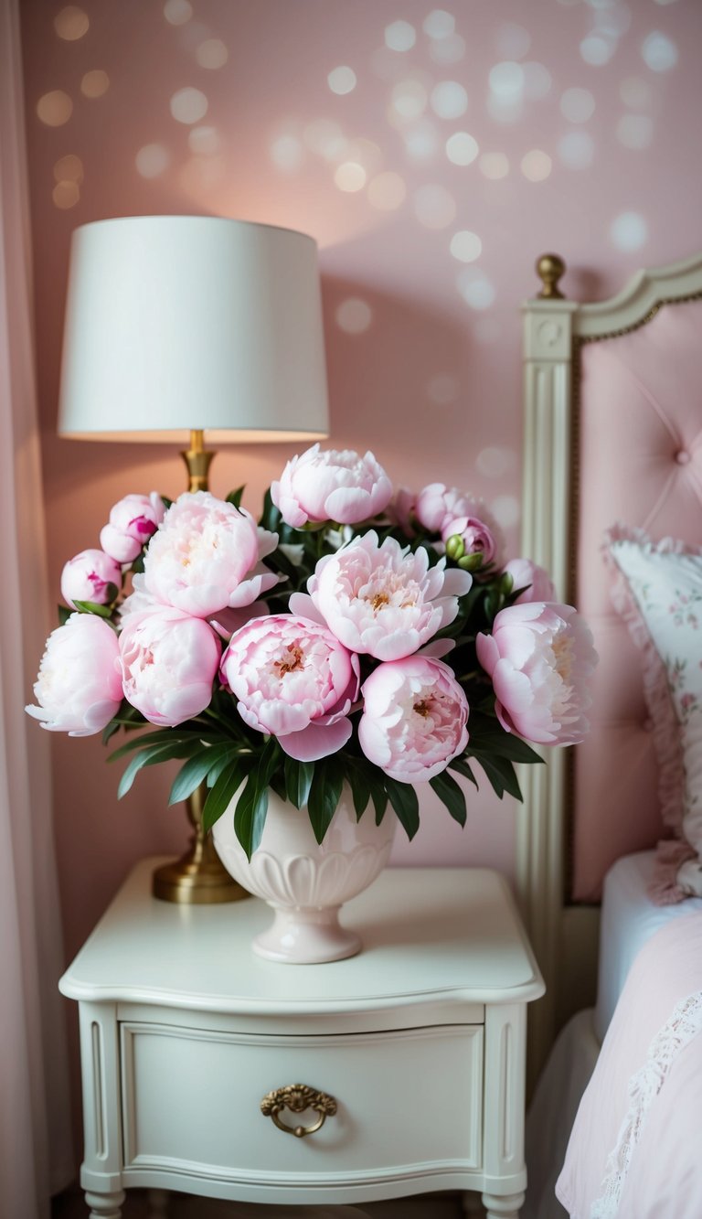 A peony bouquet sits in a vase on a nightstand in a feminine bedroom with soft pastel colors and delicate decor