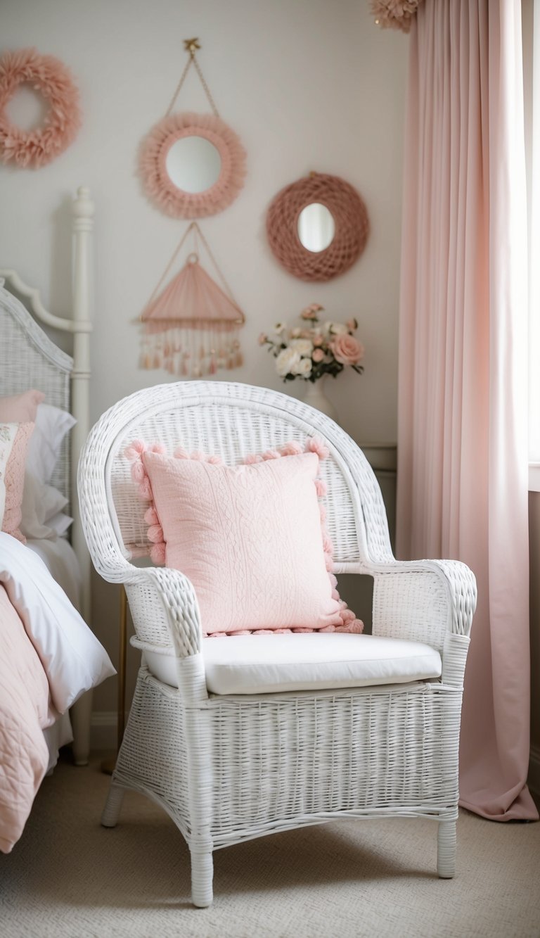 A white wicker chair sits in a cozy, feminine bedroom adorned with soft pastel colors and delicate decor