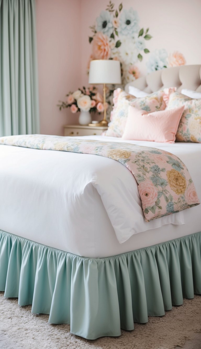 A ruffled bed skirt in a feminine bedroom with soft pastel colors and floral accents