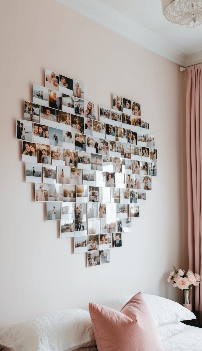 A heart-shaped photo wall adorns a feminine bedroom, creating a charming and personal touch to the space