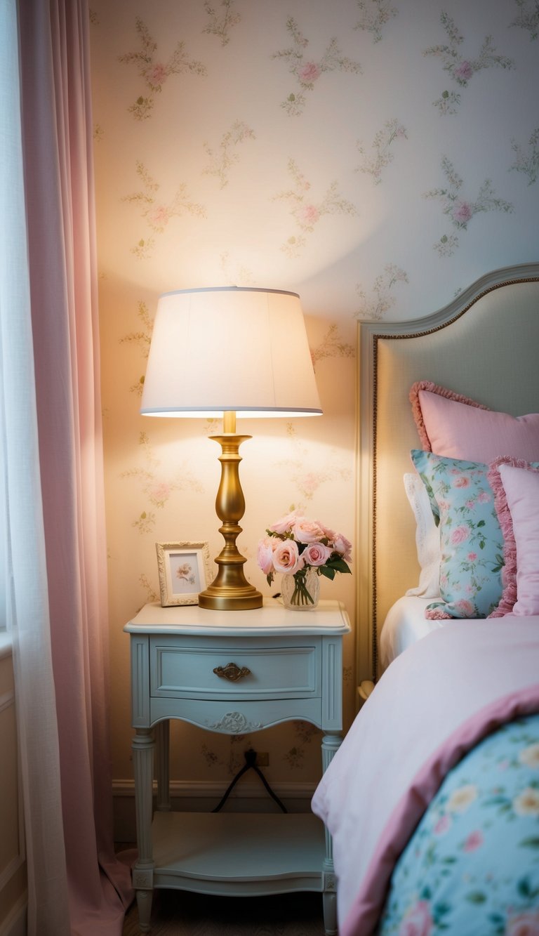 A French-style bedside lamp illuminates a feminine bedroom with soft pastel colors and delicate floral patterns