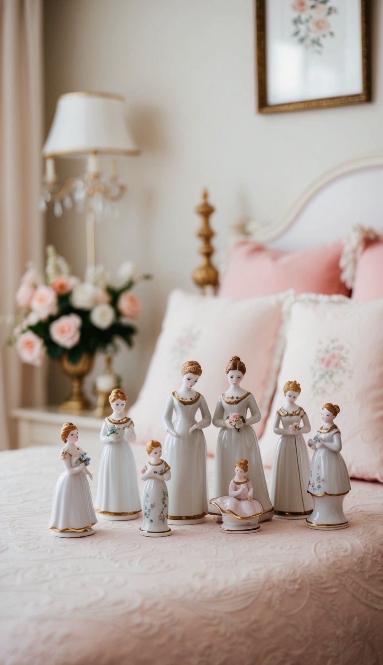 A collection of delicate porcelain figurines adorns a feminine bedroom