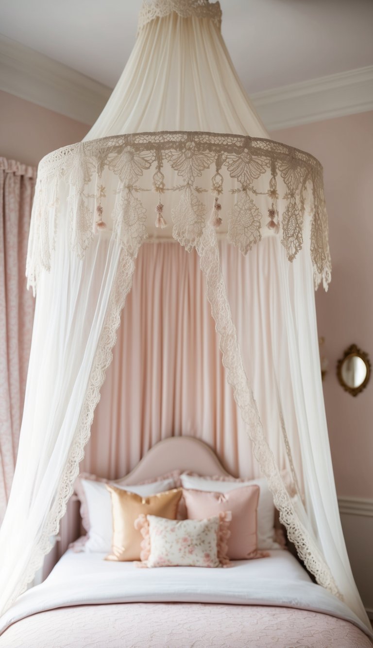 A lace-trimmed bed canopy hangs above a soft, feminine bedroom with pastel colors and delicate decor