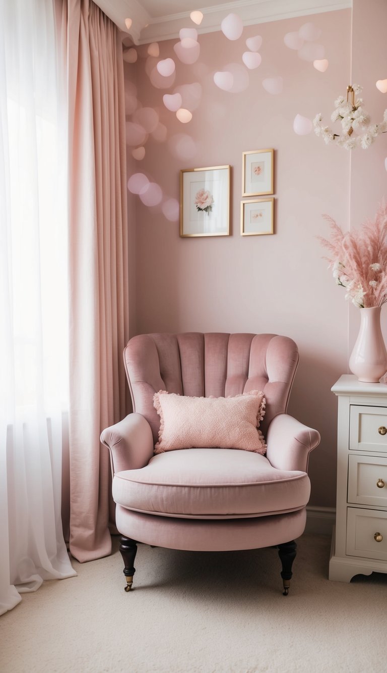 A plush armchair sits in the corner of a feminine bedroom, surrounded by soft pastel colors and delicate decor