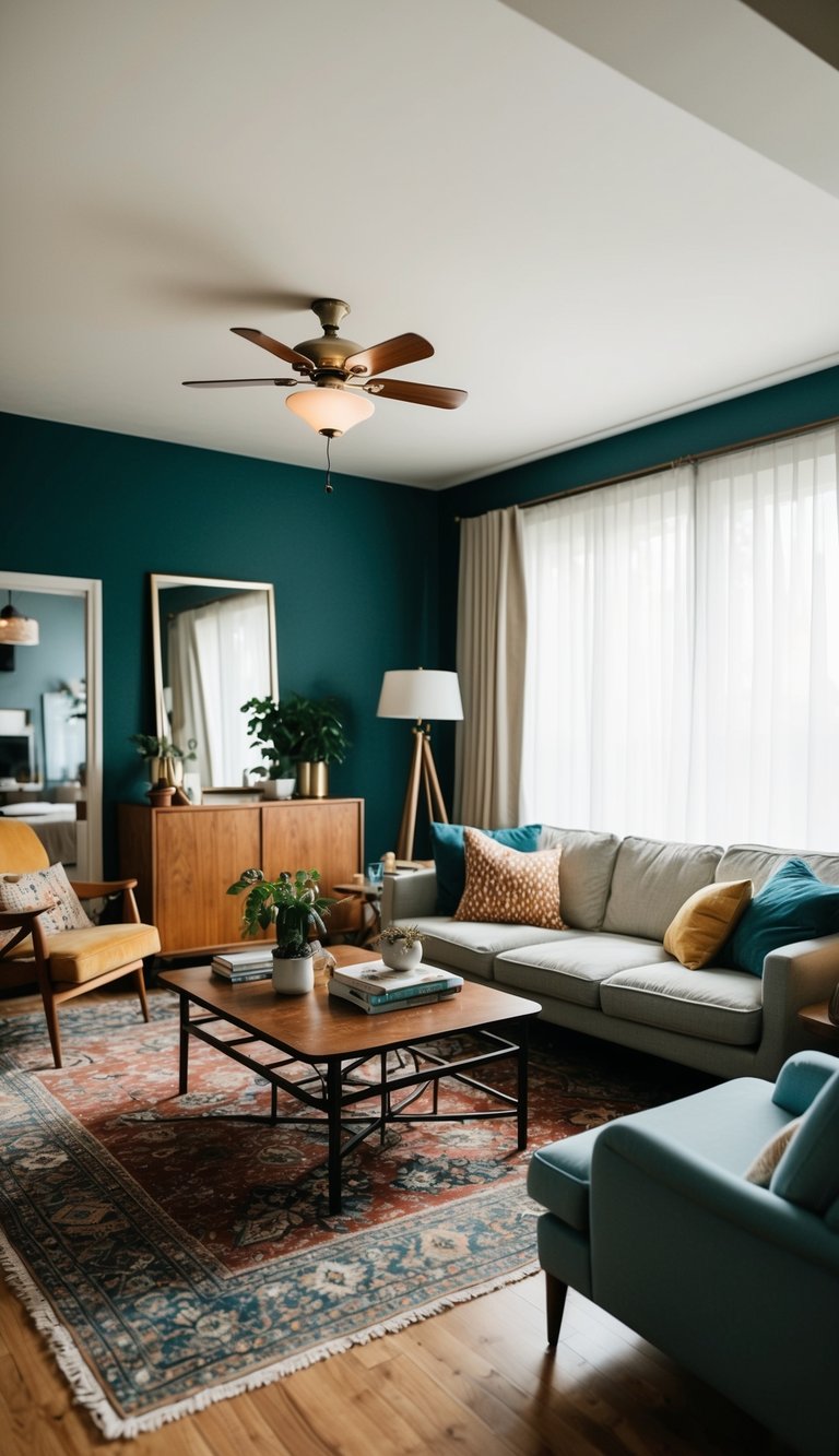 A cluttered living room with mismatched furniture and poor traffic flow