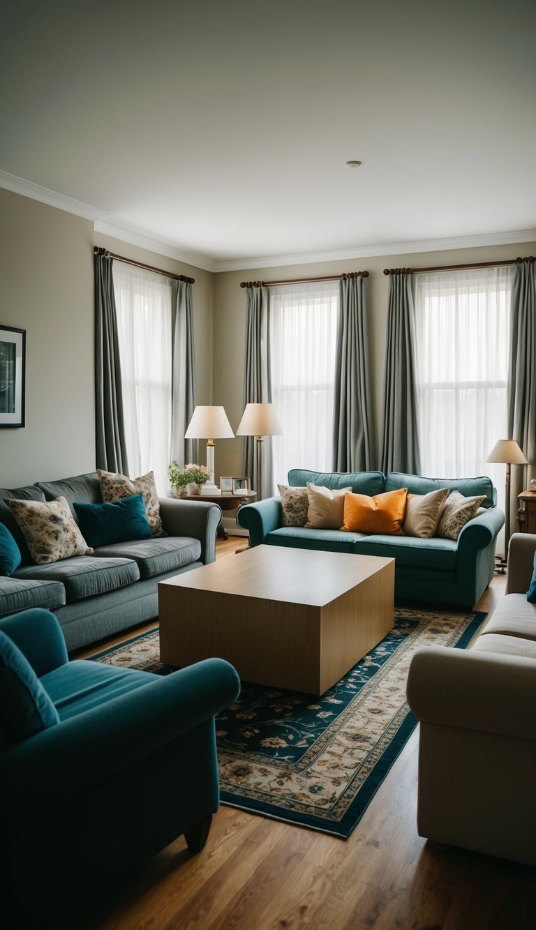A living room with mismatched furniture, crowded around the walls. A large coffee table obstructs traffic flow. Curtains are too short, and lighting is uneven