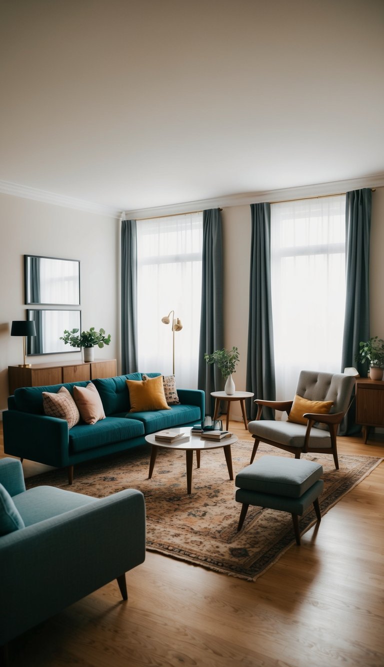 A living room with mismatched furniture layout, cluttered with too many pieces, disrupting the flow and balance of the space