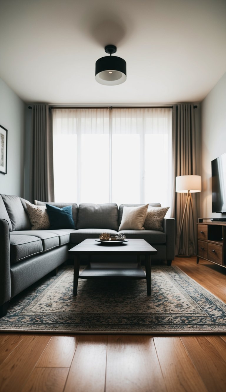 A living room with a too-small rug beneath a coffee table and furniture that is not fully anchored by the rug
