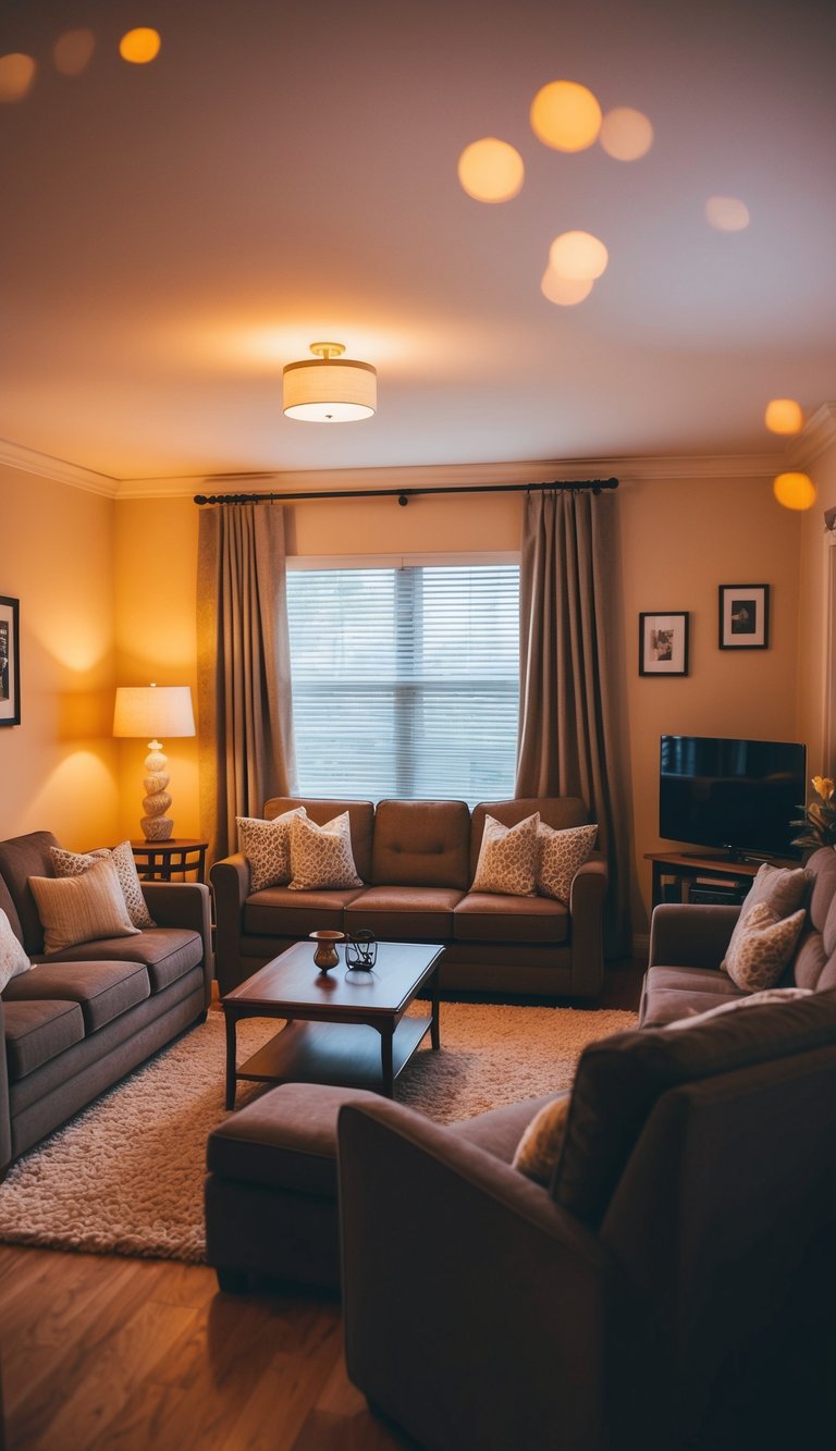 A cozy living room with warm, ambient lighting and functional furniture arrangement
