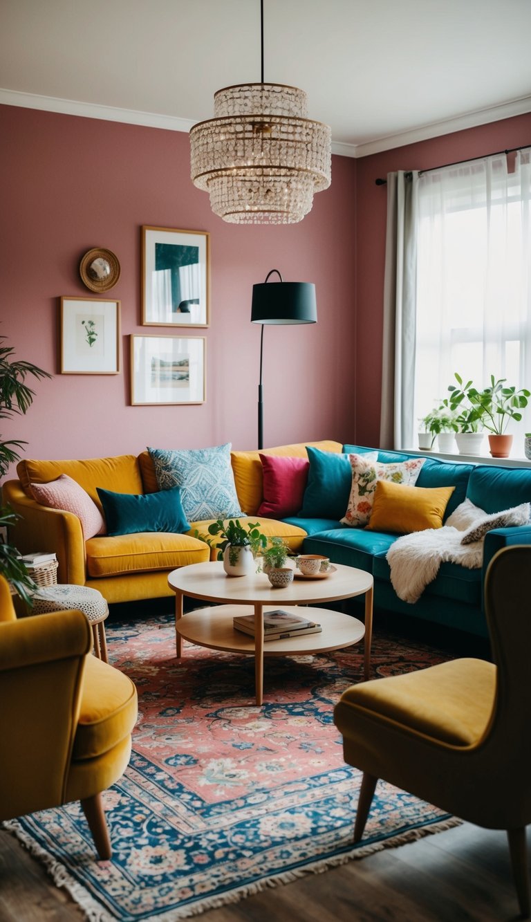 A living room with mismatched colors and cluttered furniture, lacking balance and harmony
