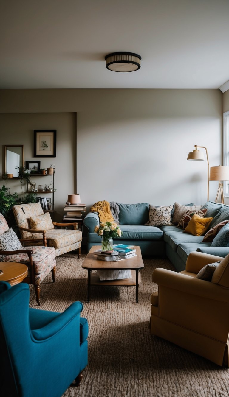 A cozy living room with mismatched furniture, cluttered layout, and awkward traffic flow. A large, empty wall space begs for artwork or shelving