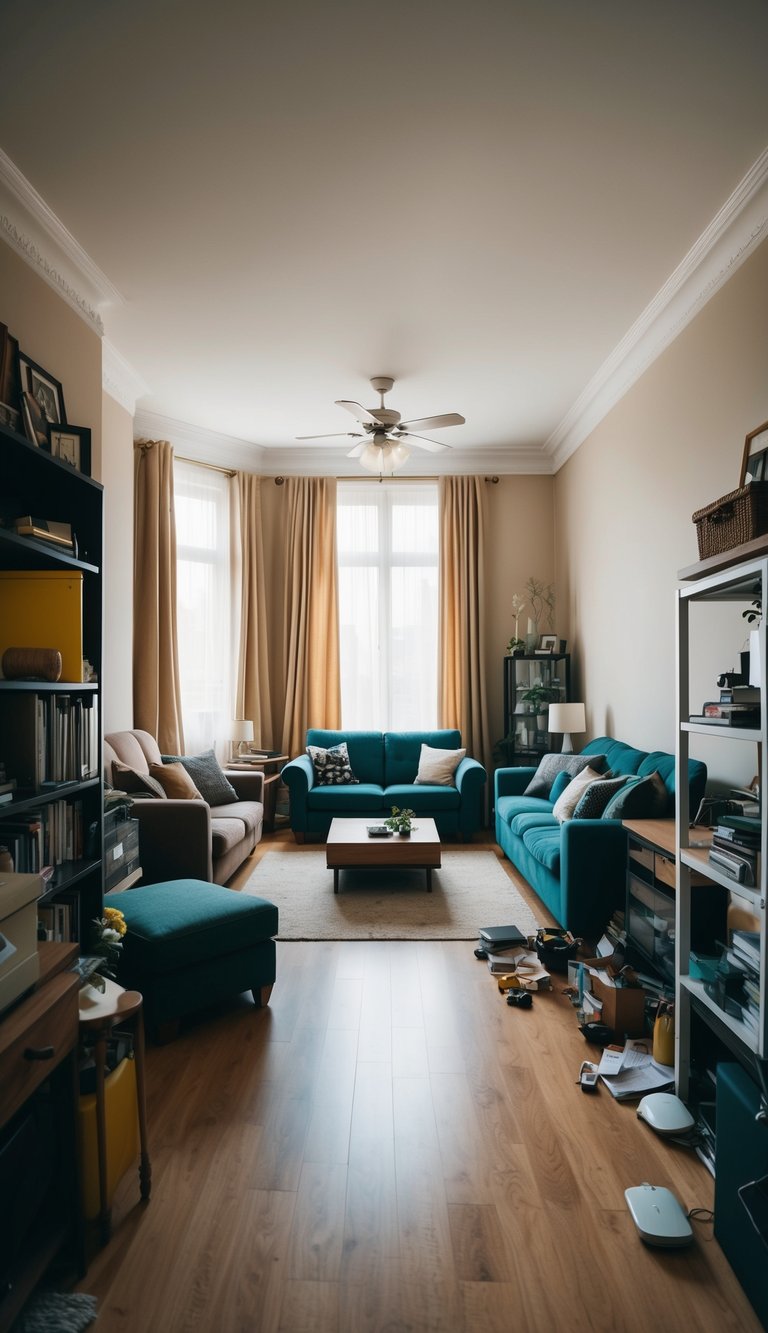 A cluttered living room with misplaced furniture and crowded pathways. A lack of storage solutions leads to disorganization and chaos