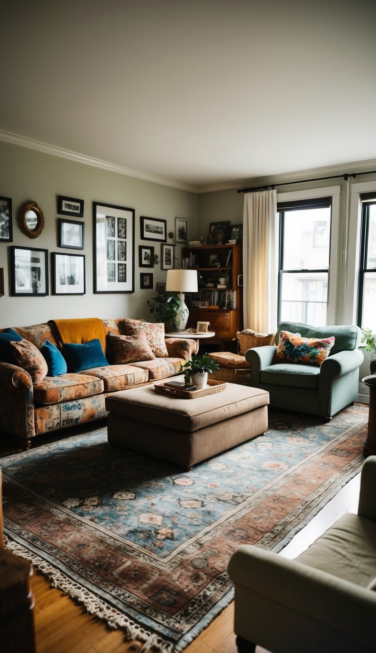 A cozy living room with mismatched furniture and cluttered decor. A large rug anchors the space, while a well-placed gallery wall adds visual interest