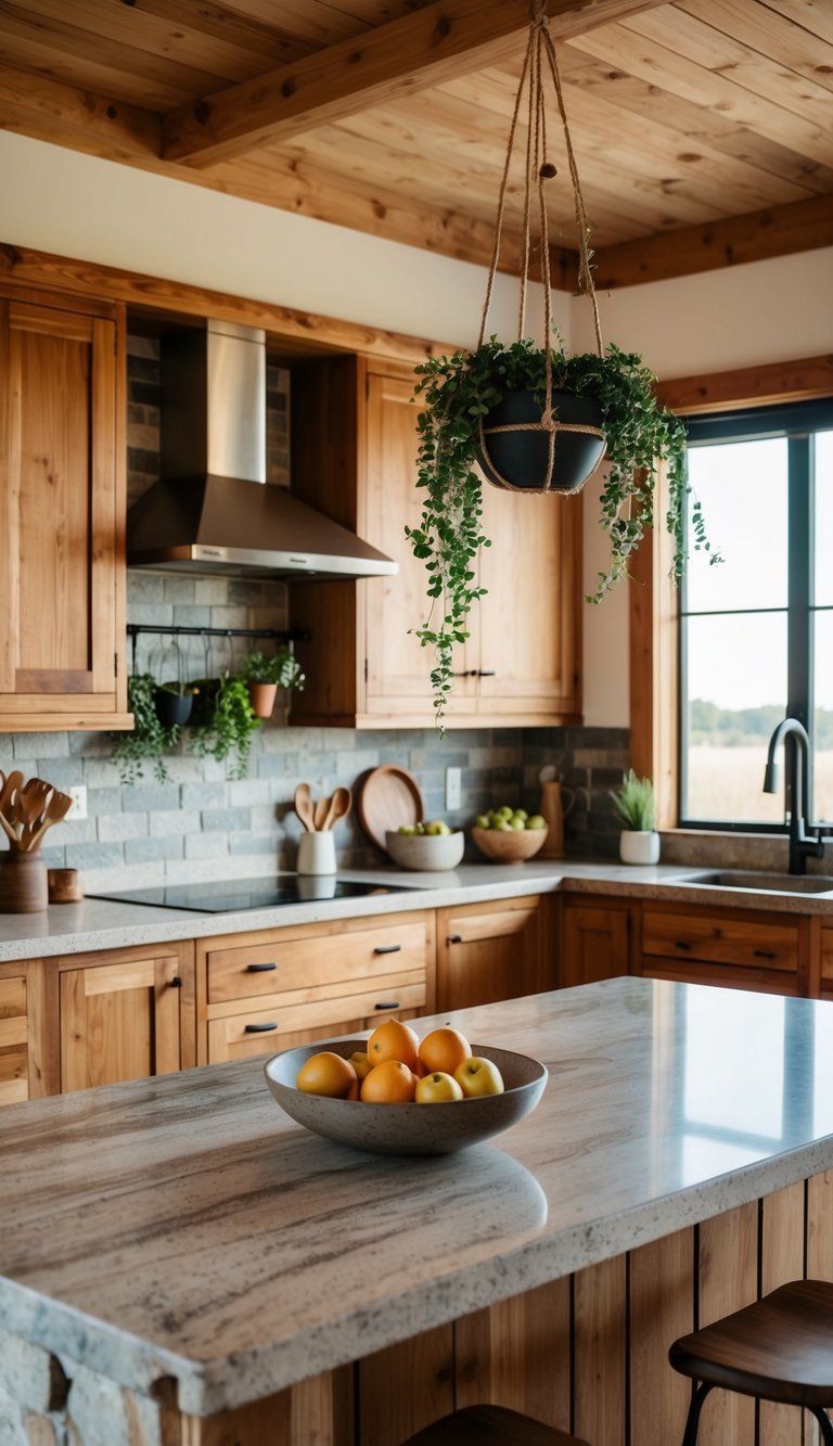 A rustic kitchen with natural wood, stone countertops, hanging plants, and earthy color palette