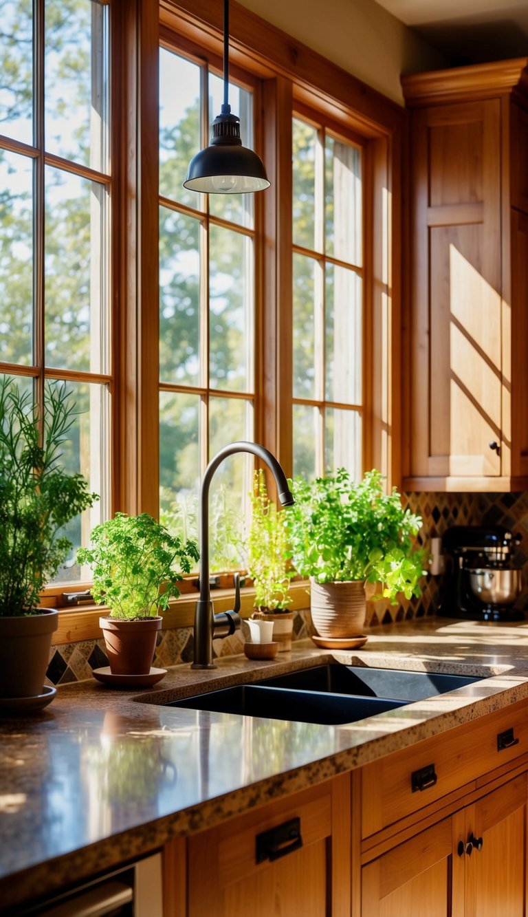 A cozy kitchen with warm wood tones, stone countertops, and earthy ceramic tiles. Sunlight streams in through large windows, illuminating potted herbs and natural textures