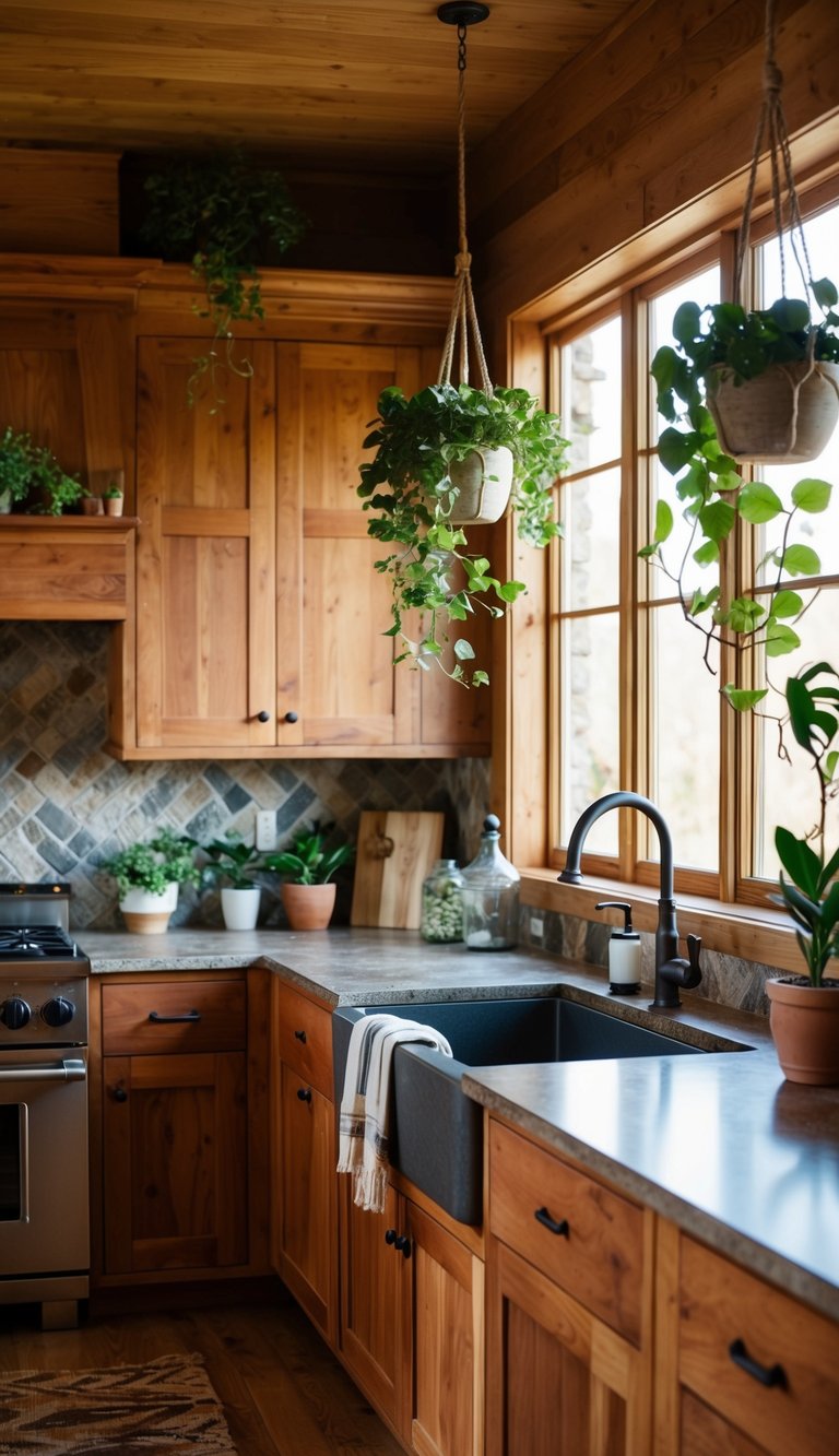 A rustic kitchen with warm wood tones, stone countertops, and earthy green accents. Hanging plants and natural light create a cozy, inviting atmosphere