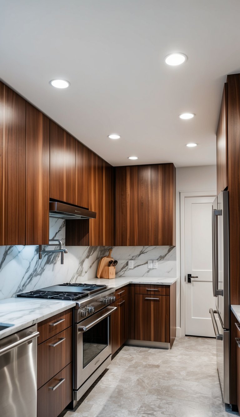 A modern kitchen with sleek walnut cabinets, stainless steel appliances, and marble countertops