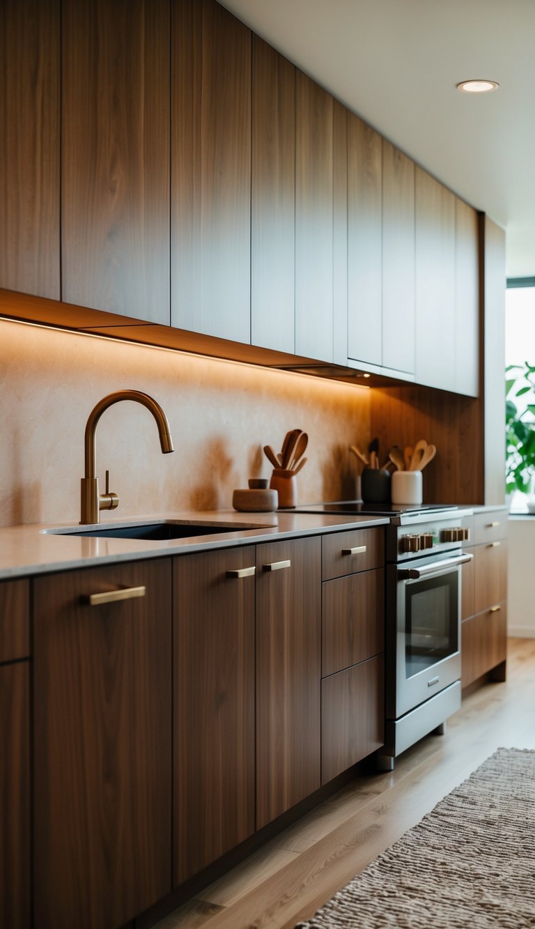 A modern kitchen with sleek walnut cabinets, warm natural tones, and stylish hardware