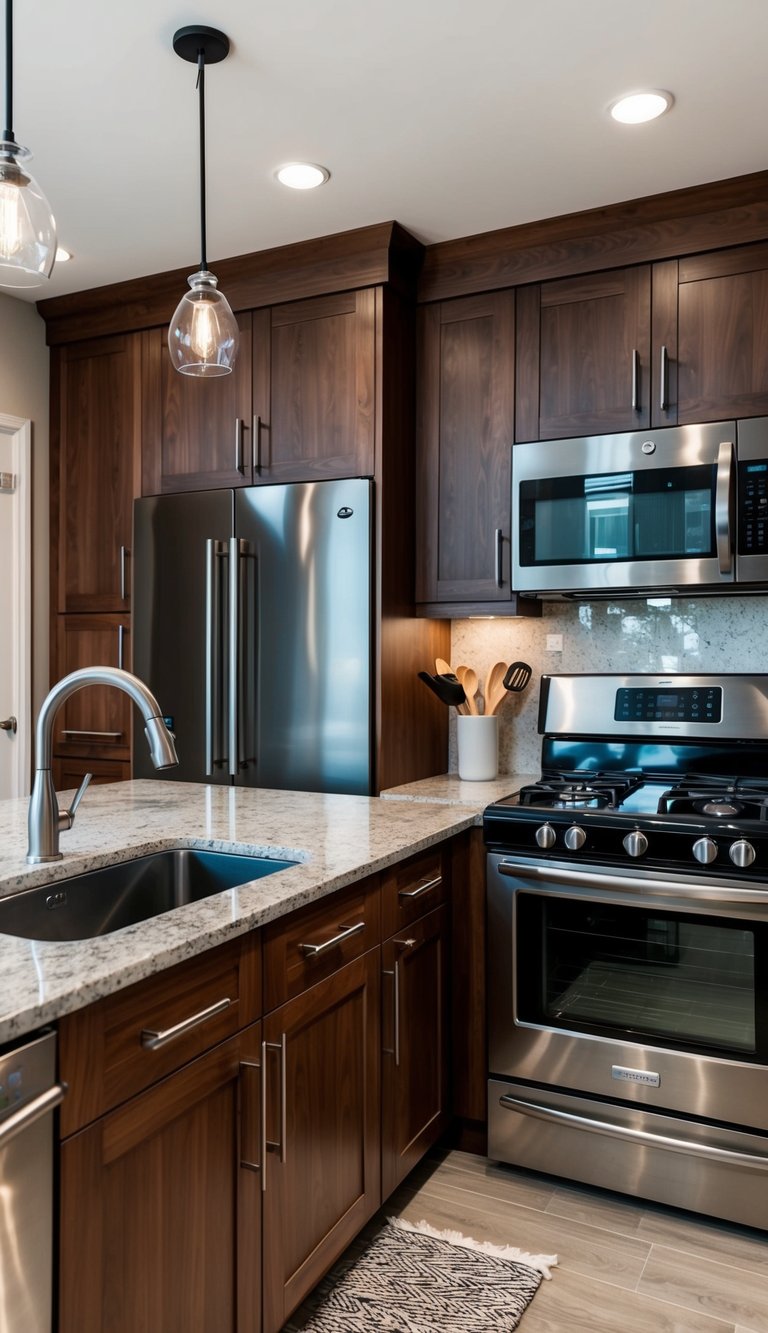 A modern kitchen with sleek walnut cabinets, granite countertops, and stainless steel appliances
