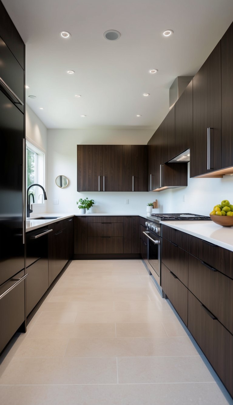 A modern kitchen with sleek, dark walnut cabinets, clean lines, and minimalistic hardware. The cabinets are arranged in various styles, from traditional to contemporary