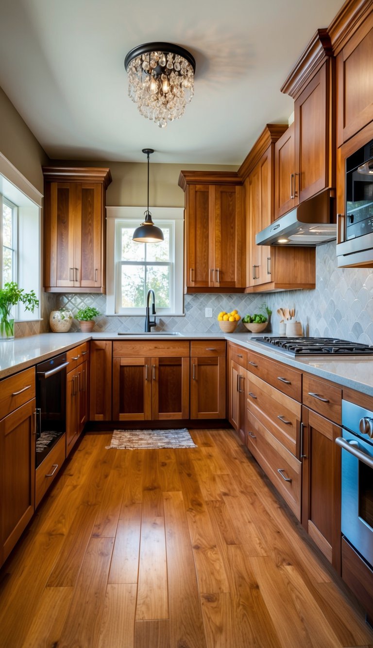 A kitchen with 7 walnut cabinets in various styles and sizes, showcasing different design ideas